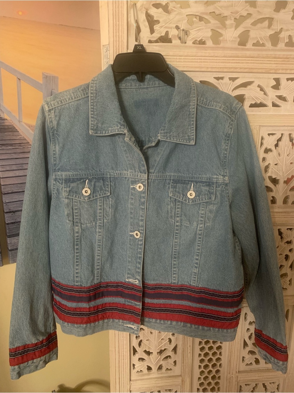 Christopher & Banks Light Blue Denim Jacket with Red Stripe Detail, Size: 8/10